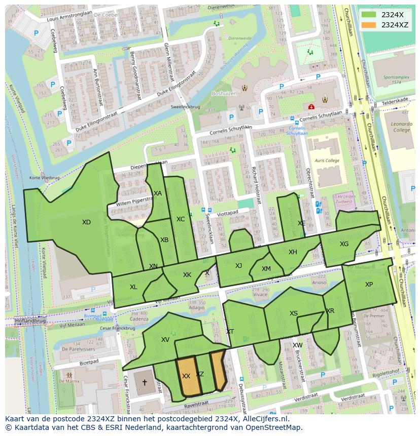Afbeelding van het postcodegebied 2324 XZ op de kaart.