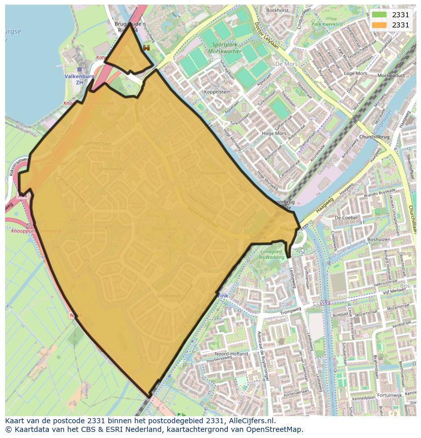 Afbeelding van het postcodegebied 2331 op de kaart.