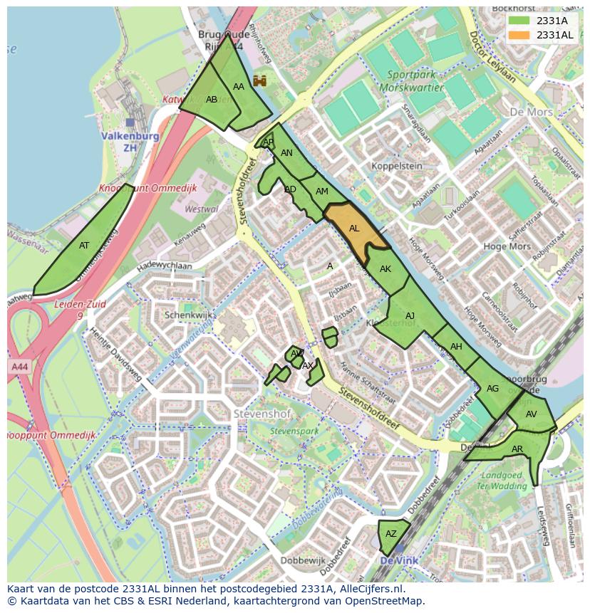 Afbeelding van het postcodegebied 2331 AL op de kaart.