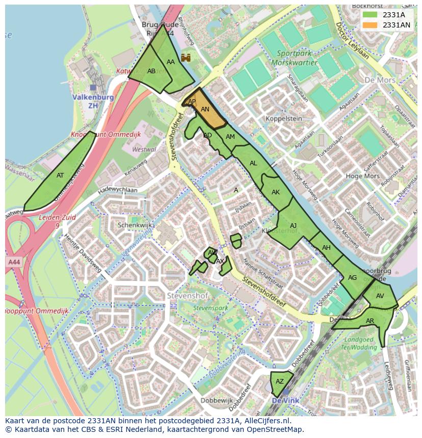 Afbeelding van het postcodegebied 2331 AN op de kaart.
