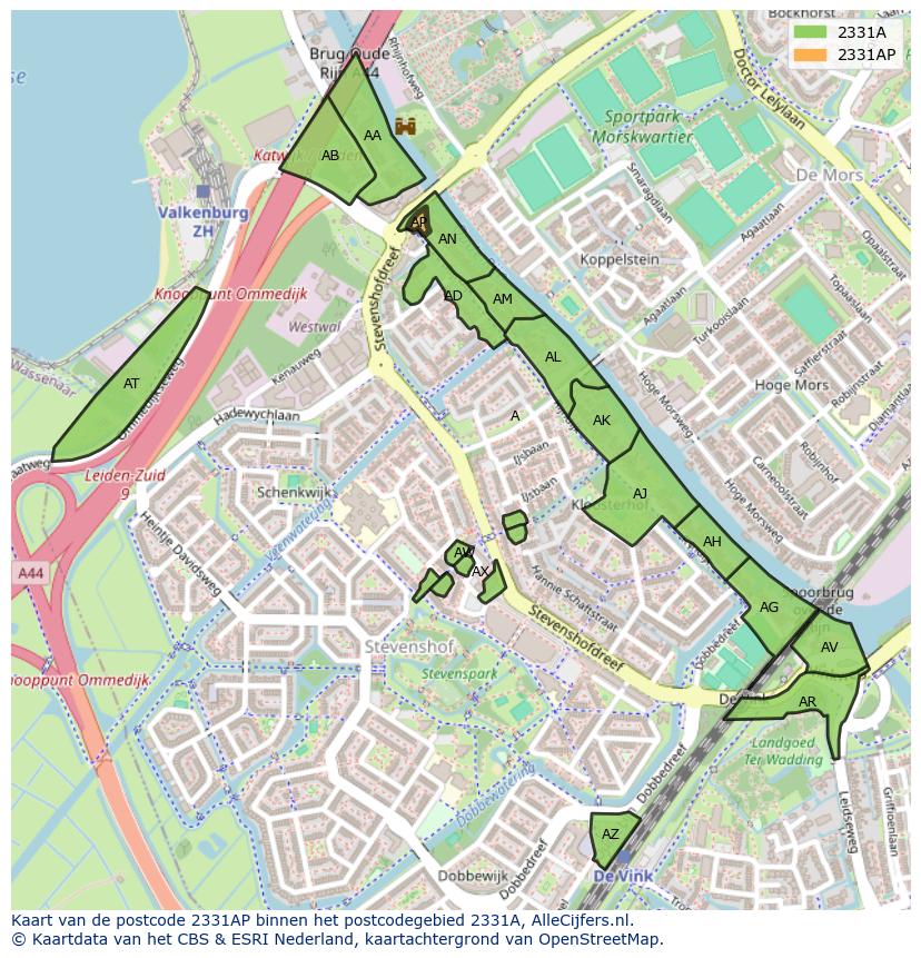 Afbeelding van het postcodegebied 2331 AP op de kaart.