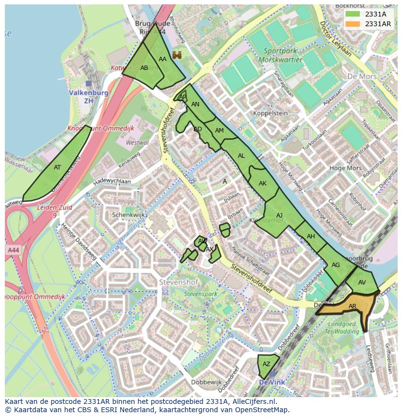 Afbeelding van het postcodegebied 2331 AR op de kaart.