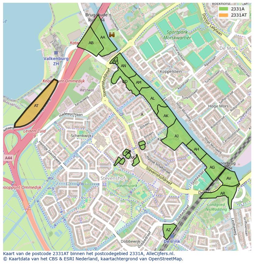 Afbeelding van het postcodegebied 2331 AT op de kaart.