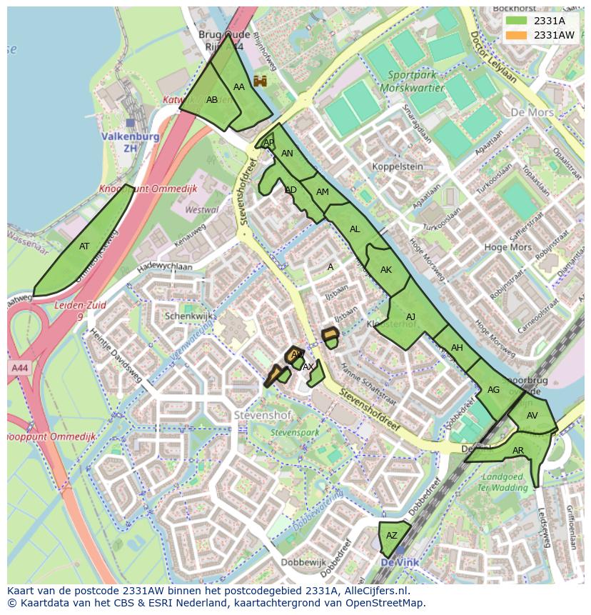 Afbeelding van het postcodegebied 2331 AW op de kaart.