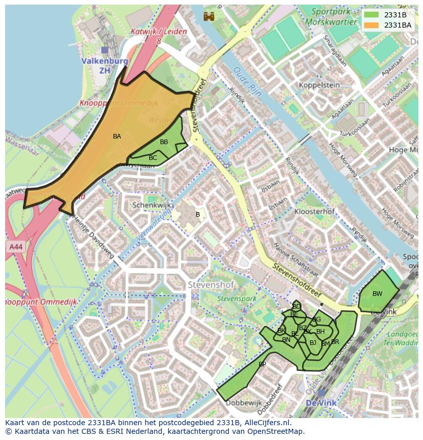 Afbeelding van het postcodegebied 2331 BA op de kaart.