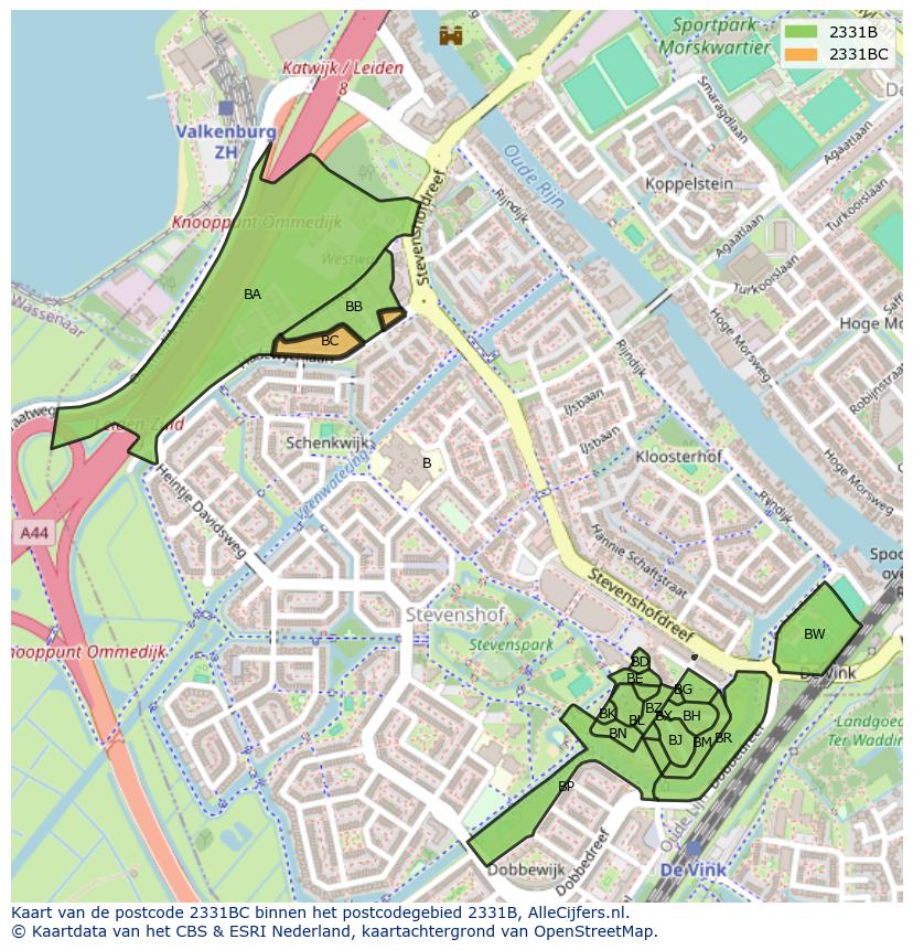 Afbeelding van het postcodegebied 2331 BC op de kaart.