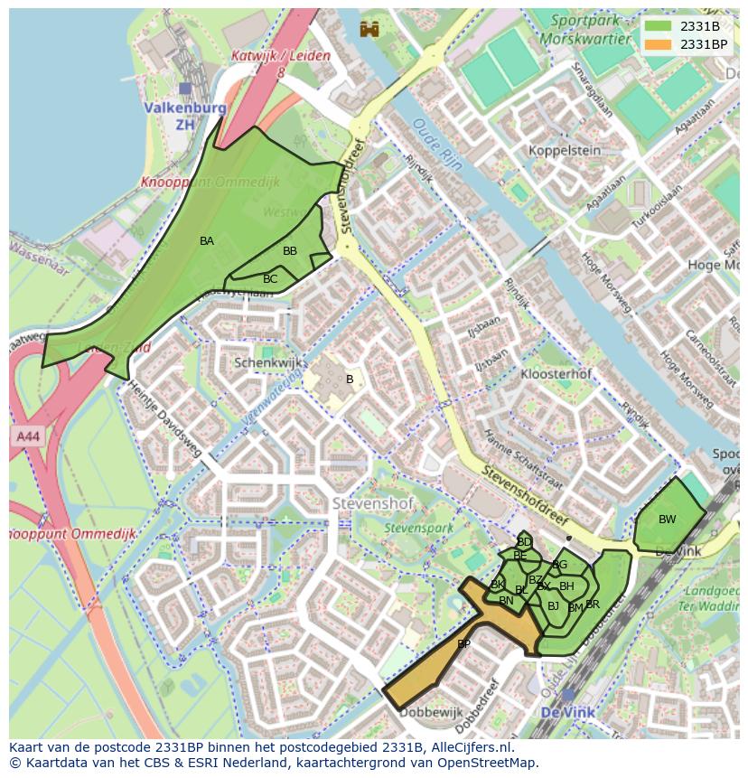 Afbeelding van het postcodegebied 2331 BP op de kaart.