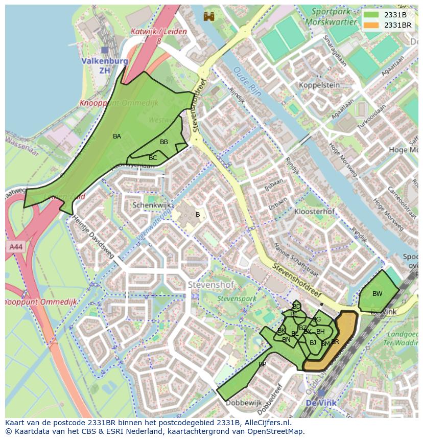 Afbeelding van het postcodegebied 2331 BR op de kaart.