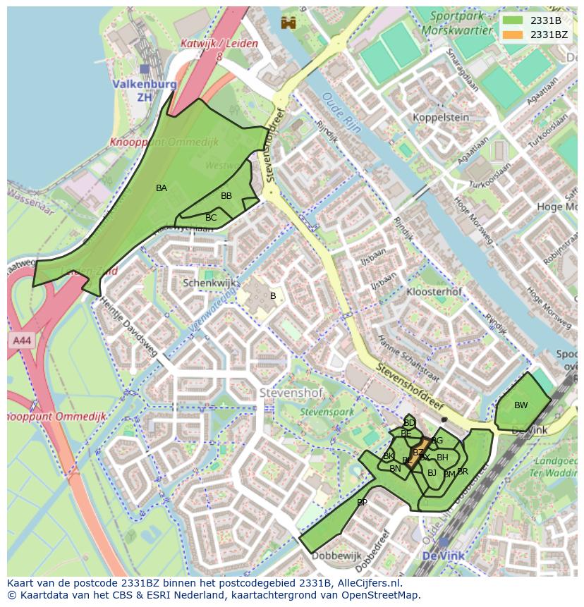 Afbeelding van het postcodegebied 2331 BZ op de kaart.