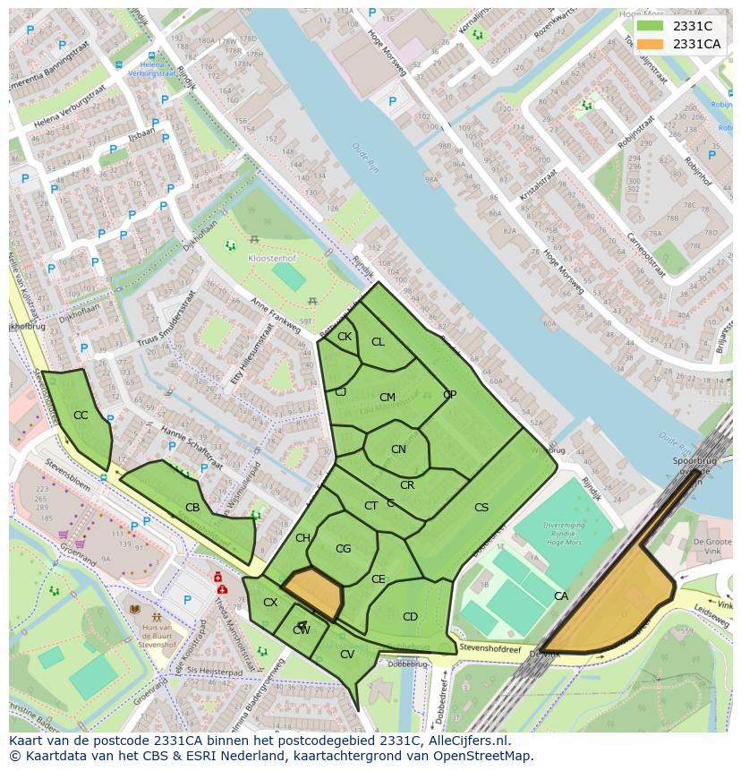 Afbeelding van het postcodegebied 2331 CA op de kaart.
