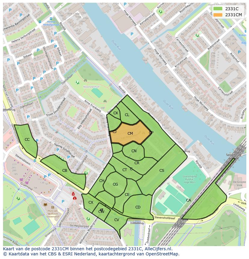 Afbeelding van het postcodegebied 2331 CM op de kaart.