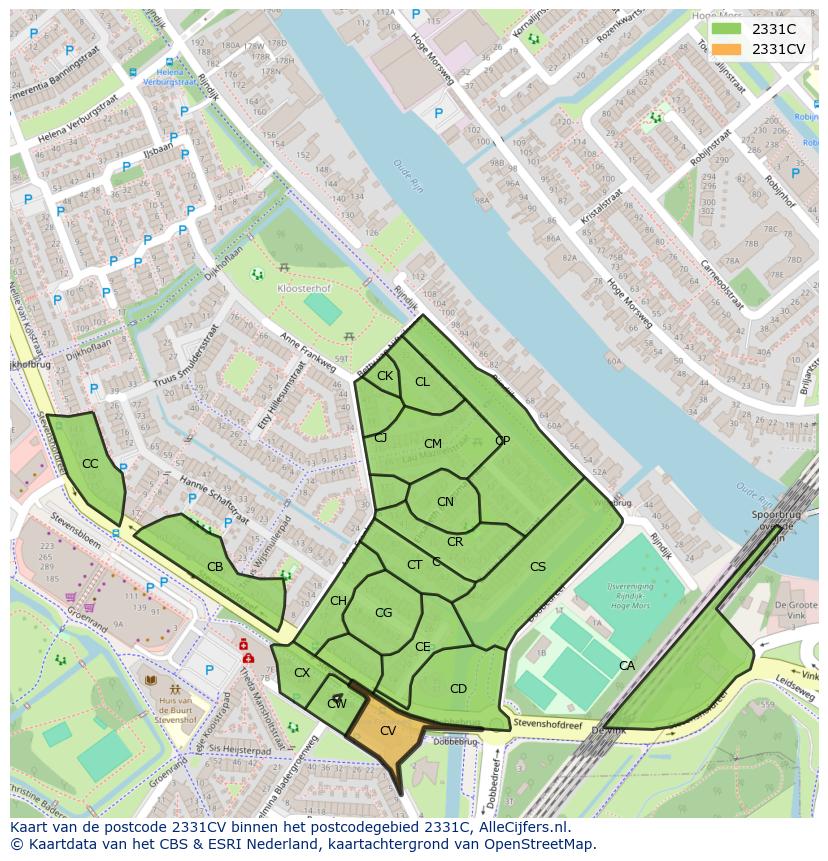 Afbeelding van het postcodegebied 2331 CV op de kaart.