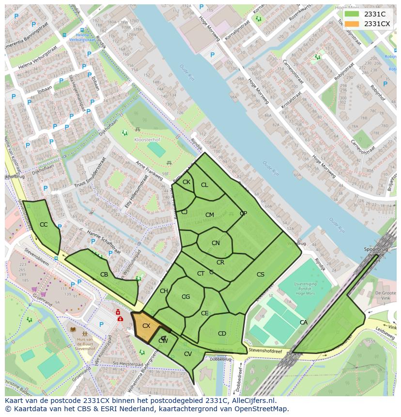 Afbeelding van het postcodegebied 2331 CX op de kaart.