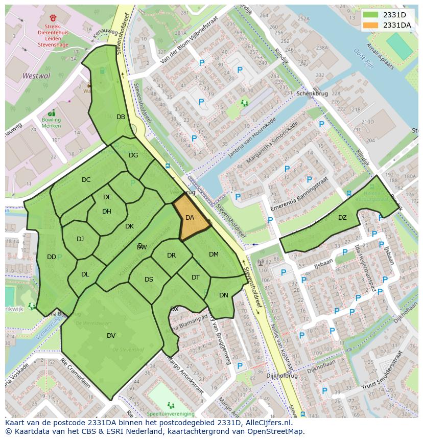 Afbeelding van het postcodegebied 2331 DA op de kaart.