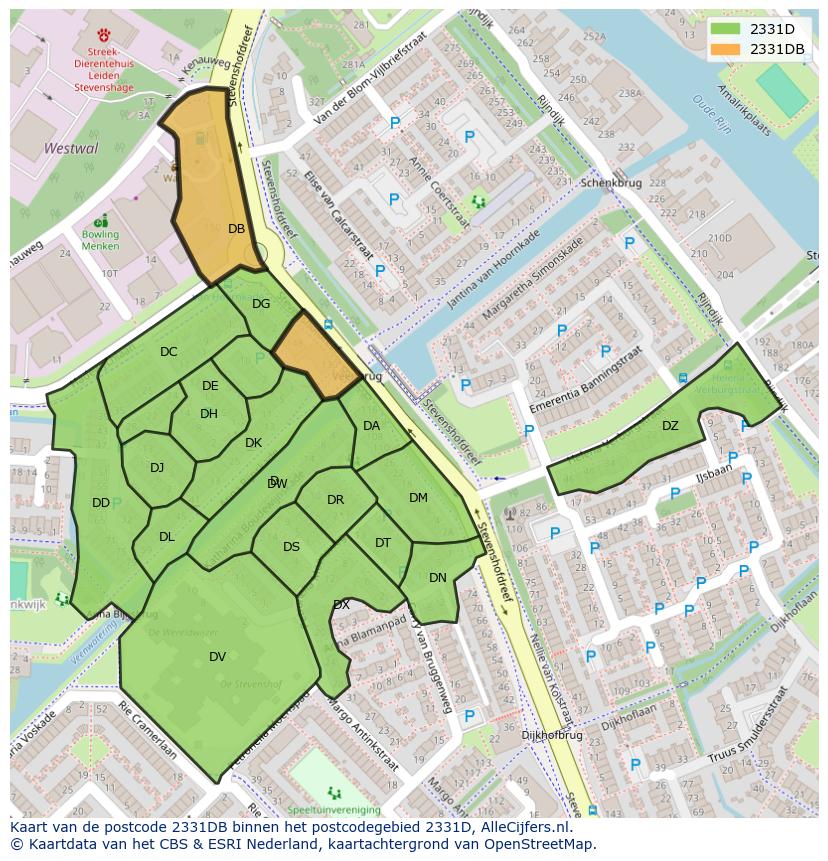 Afbeelding van het postcodegebied 2331 DB op de kaart.