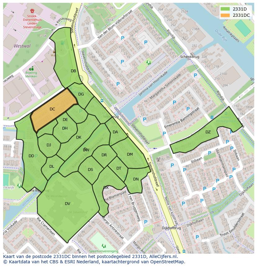 Afbeelding van het postcodegebied 2331 DC op de kaart.