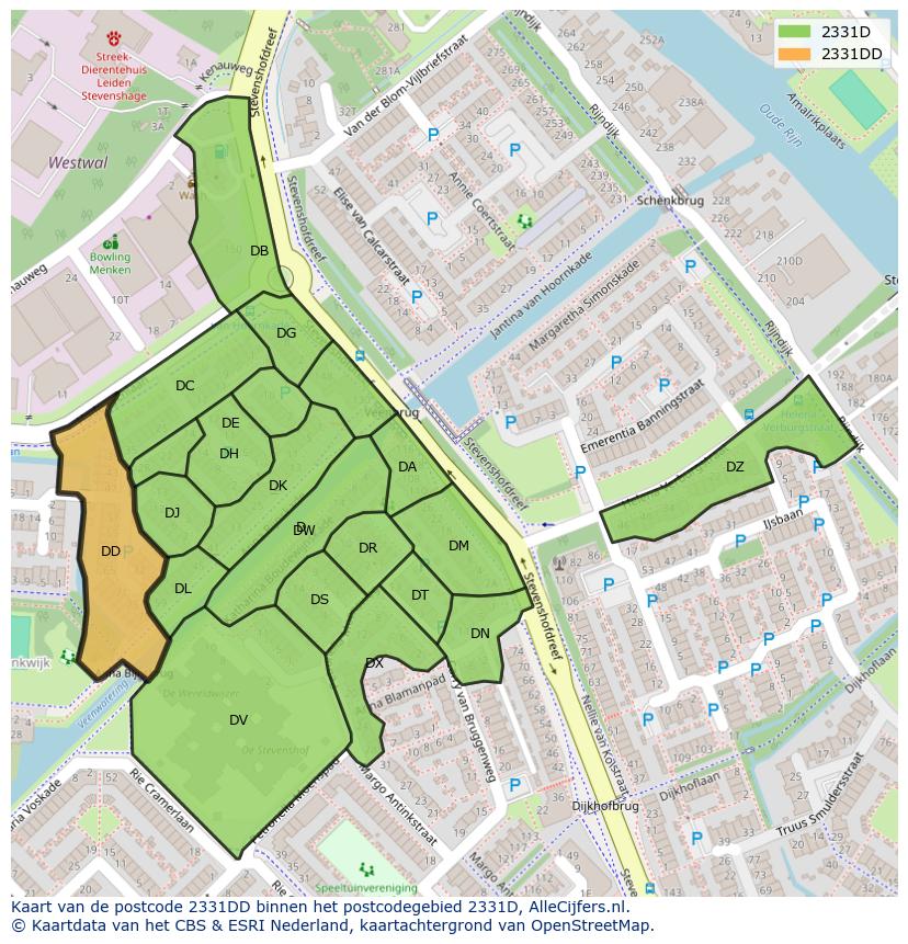 Afbeelding van het postcodegebied 2331 DD op de kaart.