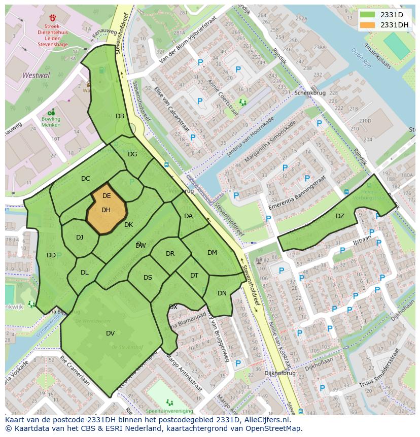 Afbeelding van het postcodegebied 2331 DH op de kaart.