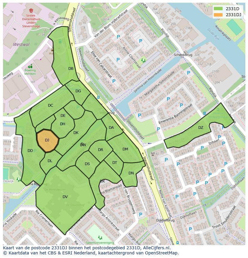 Afbeelding van het postcodegebied 2331 DJ op de kaart.