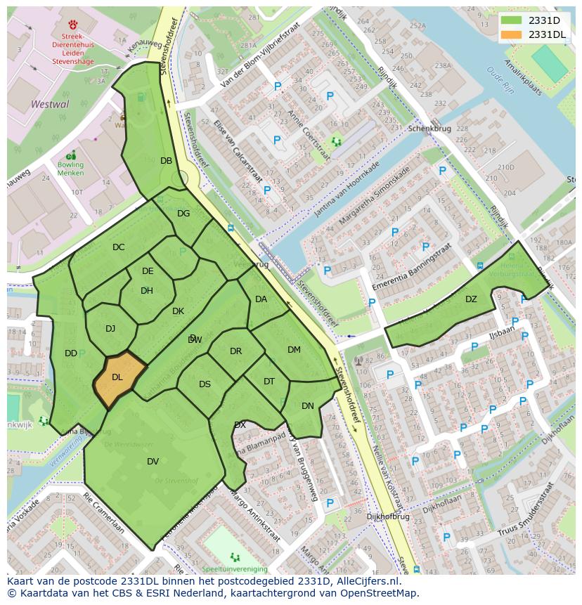 Afbeelding van het postcodegebied 2331 DL op de kaart.
