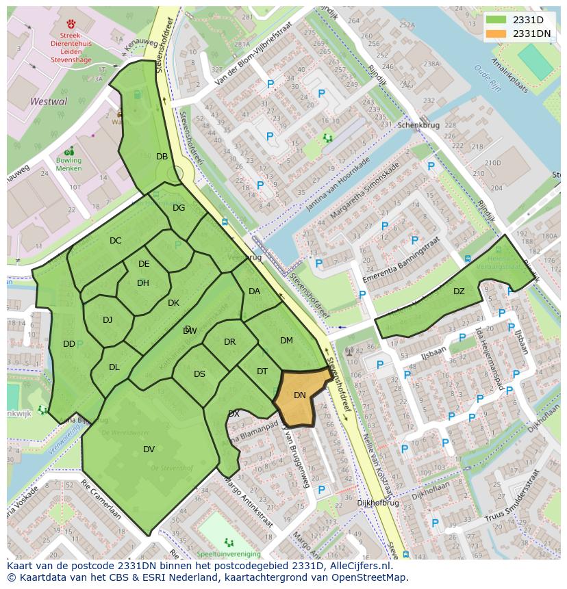 Afbeelding van het postcodegebied 2331 DN op de kaart.