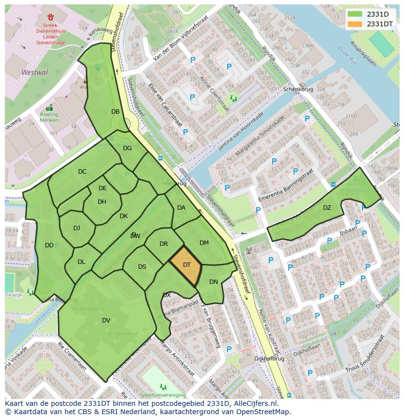 Afbeelding van het postcodegebied 2331 DT op de kaart.