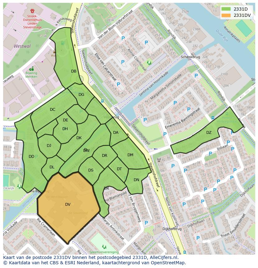 Afbeelding van het postcodegebied 2331 DV op de kaart.