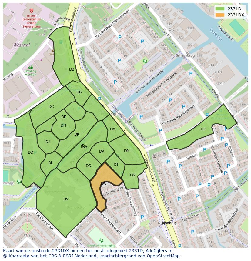 Afbeelding van het postcodegebied 2331 DX op de kaart.