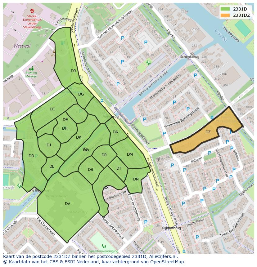 Afbeelding van het postcodegebied 2331 DZ op de kaart.