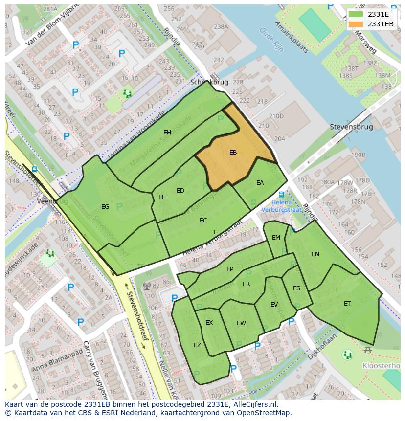 Afbeelding van het postcodegebied 2331 EB op de kaart.