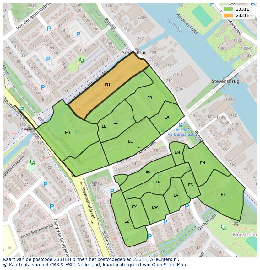 Afbeelding van het postcodegebied 2331 EH op de kaart.