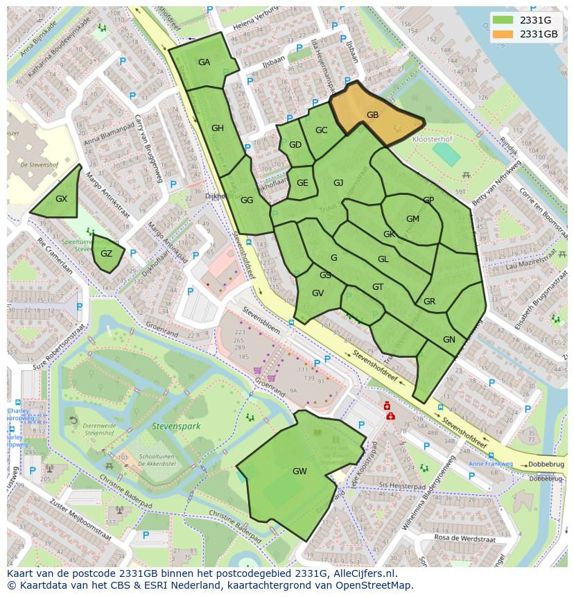 Afbeelding van het postcodegebied 2331 GB op de kaart.