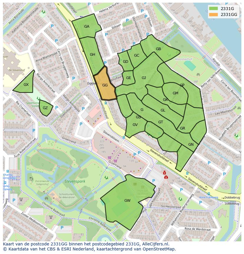 Afbeelding van het postcodegebied 2331 GG op de kaart.