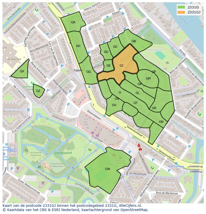 Afbeelding van het postcodegebied 2331 GJ op de kaart.
