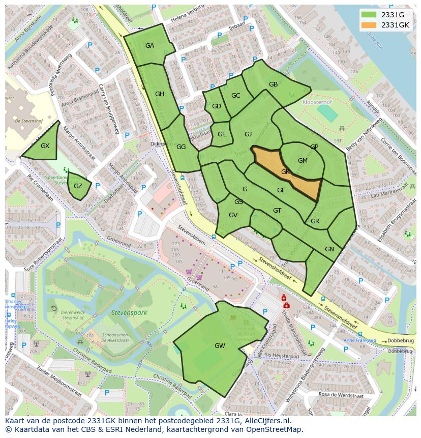 Afbeelding van het postcodegebied 2331 GK op de kaart.