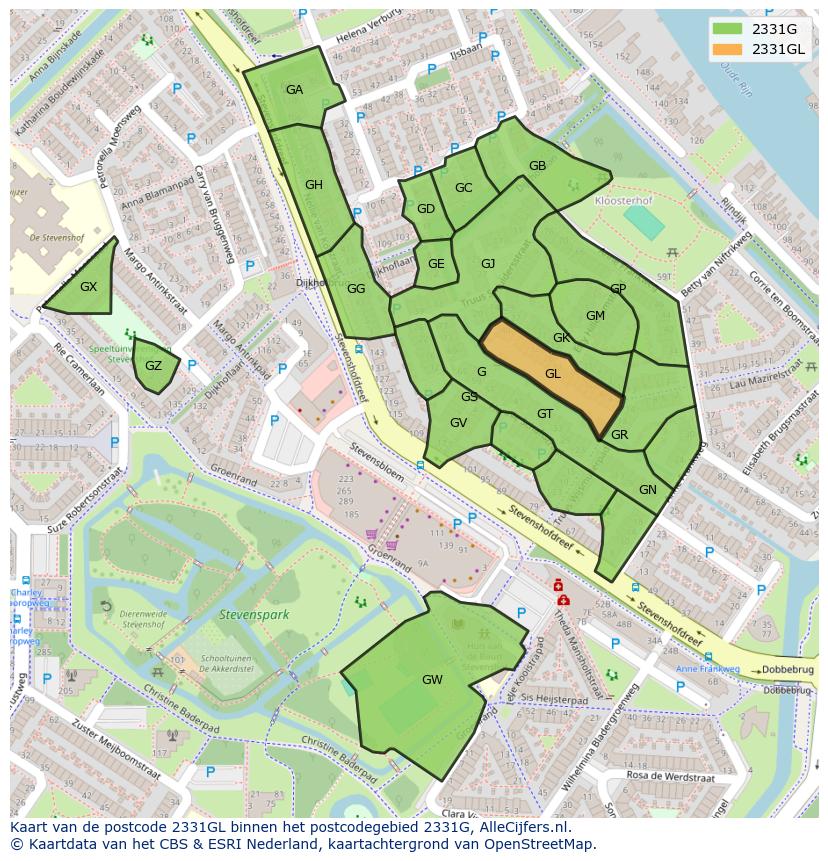 Afbeelding van het postcodegebied 2331 GL op de kaart.