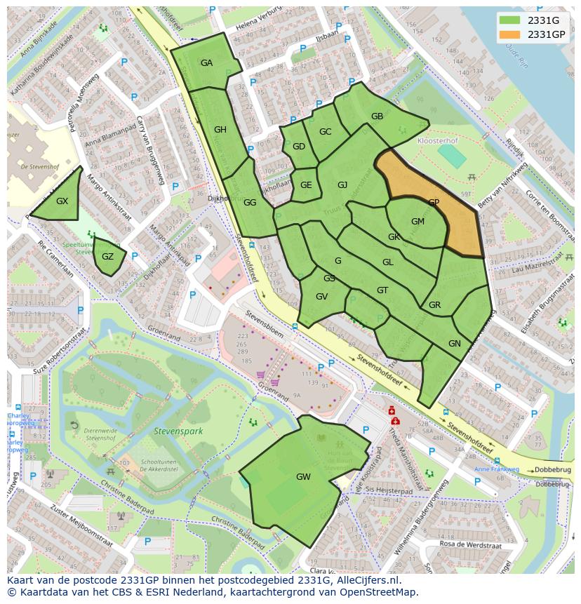 Afbeelding van het postcodegebied 2331 GP op de kaart.