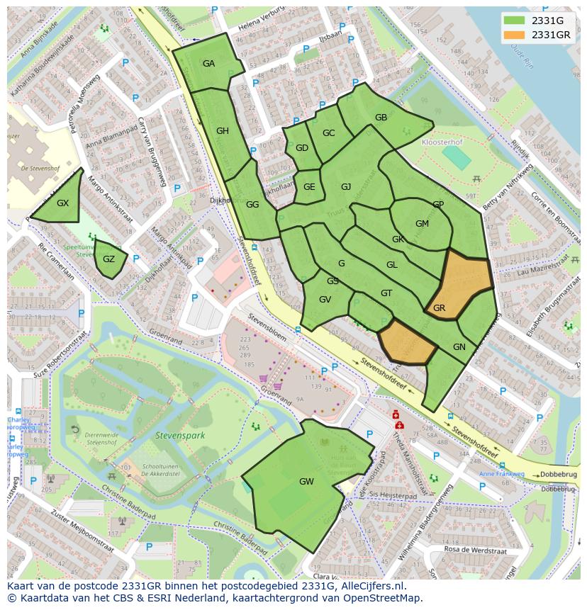 Afbeelding van het postcodegebied 2331 GR op de kaart.