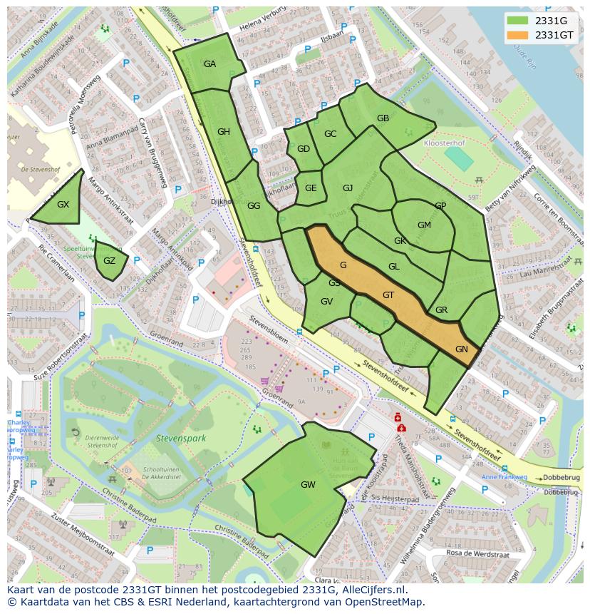 Afbeelding van het postcodegebied 2331 GT op de kaart.