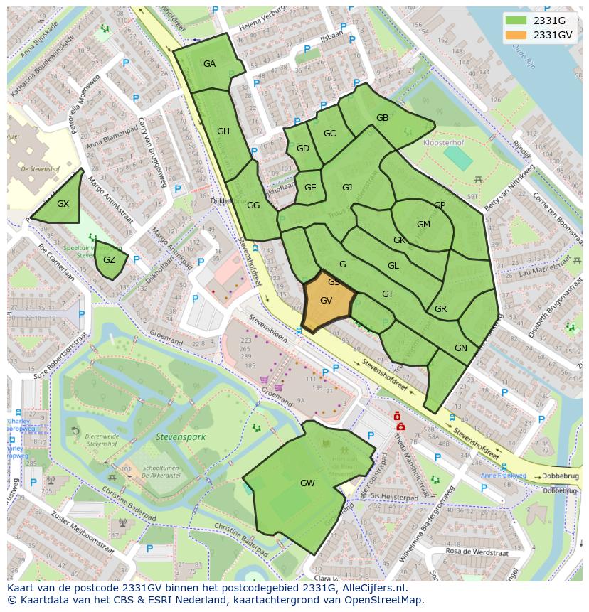 Afbeelding van het postcodegebied 2331 GV op de kaart.