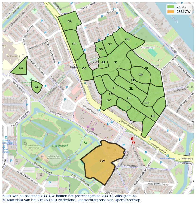 Afbeelding van het postcodegebied 2331 GW op de kaart.