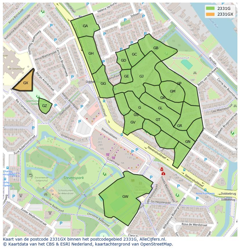 Afbeelding van het postcodegebied 2331 GX op de kaart.