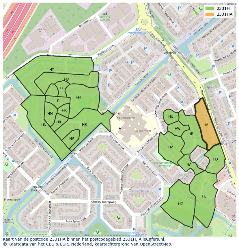 Afbeelding van het postcodegebied 2331 HA op de kaart.