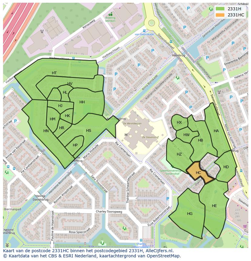 Afbeelding van het postcodegebied 2331 HC op de kaart.