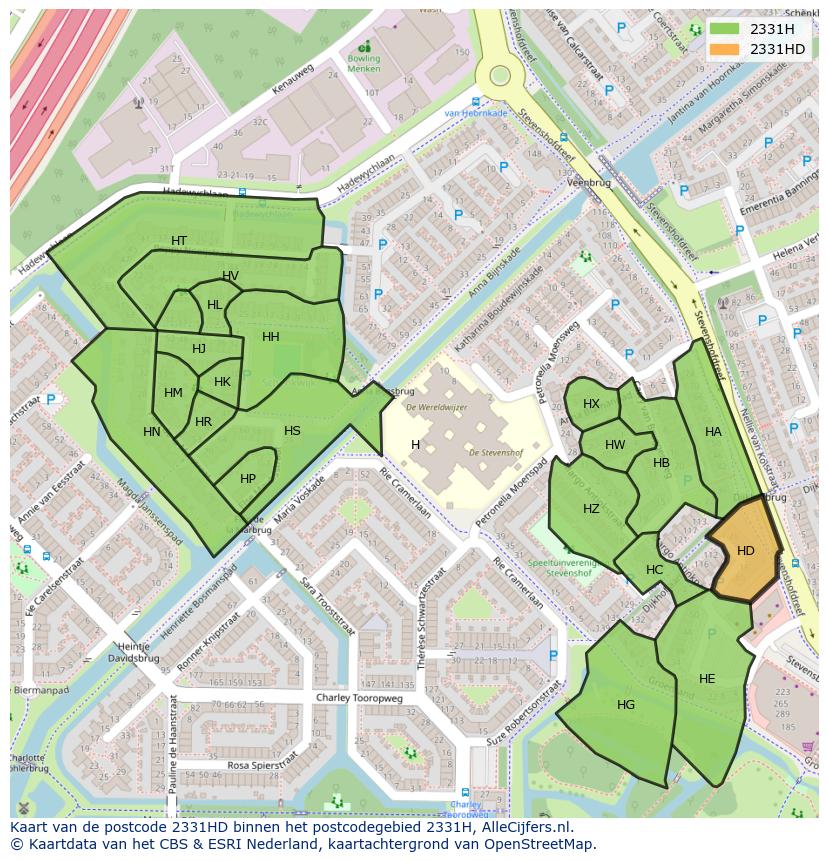 Afbeelding van het postcodegebied 2331 HD op de kaart.