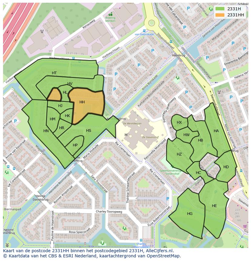 Afbeelding van het postcodegebied 2331 HH op de kaart.