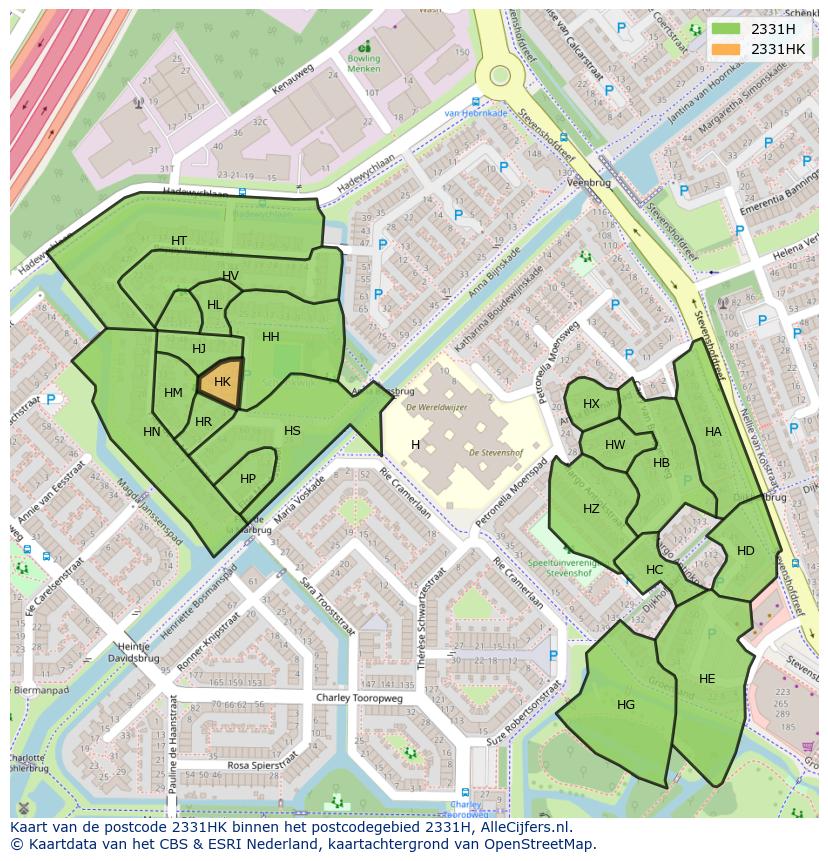 Afbeelding van het postcodegebied 2331 HK op de kaart.