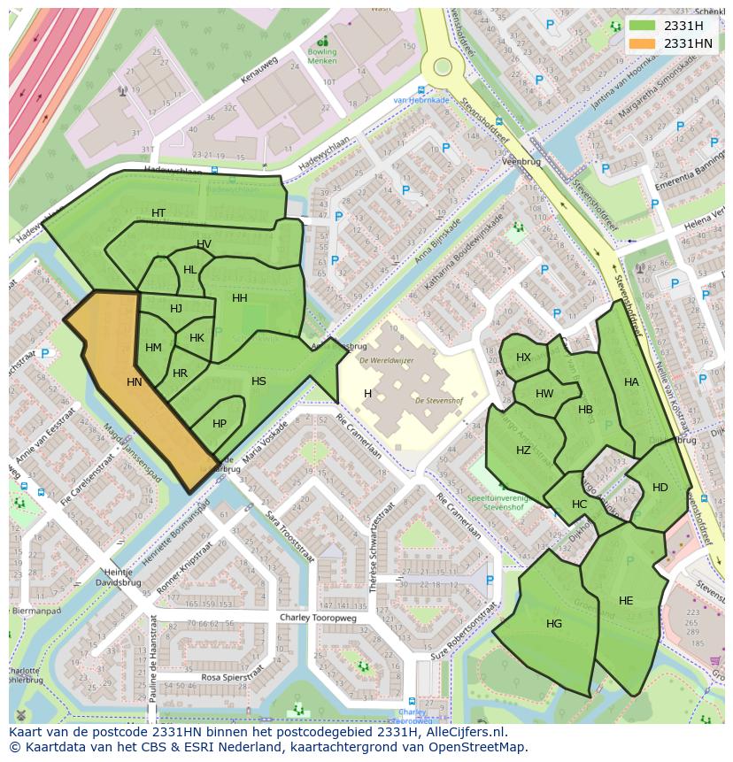 Afbeelding van het postcodegebied 2331 HN op de kaart.