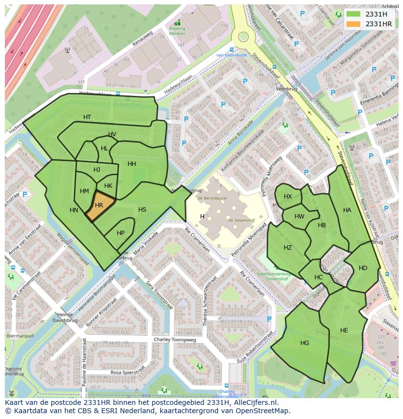 Afbeelding van het postcodegebied 2331 HR op de kaart.