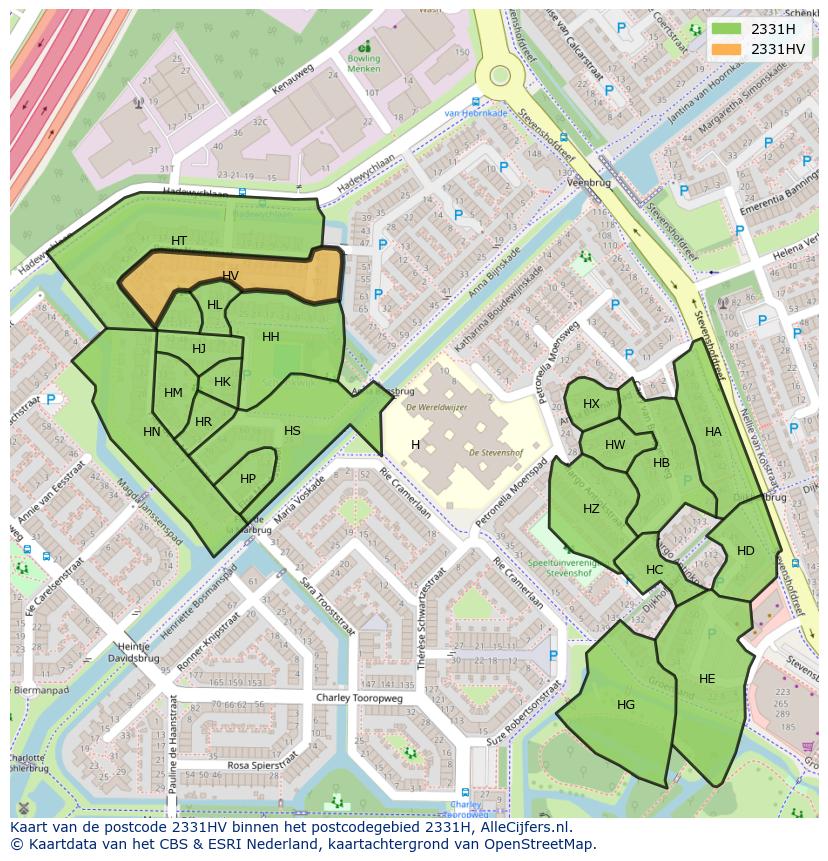 Afbeelding van het postcodegebied 2331 HV op de kaart.